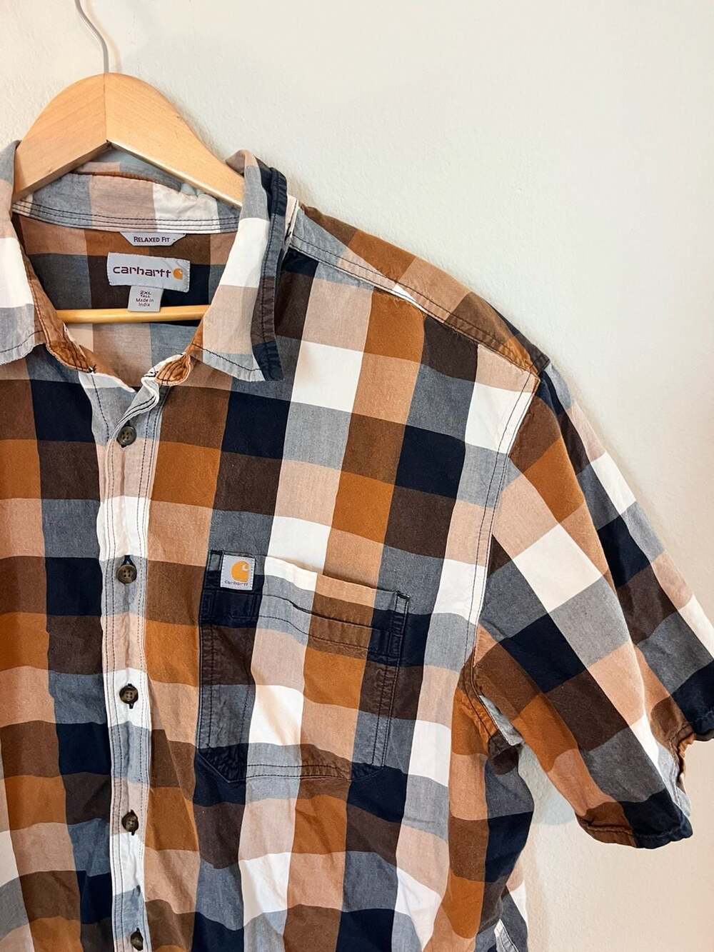 Carhartt, Big & Tall 2XLT,Fall Plaid Short Sleeve Button Up,Brown/Orange,Relaxed
